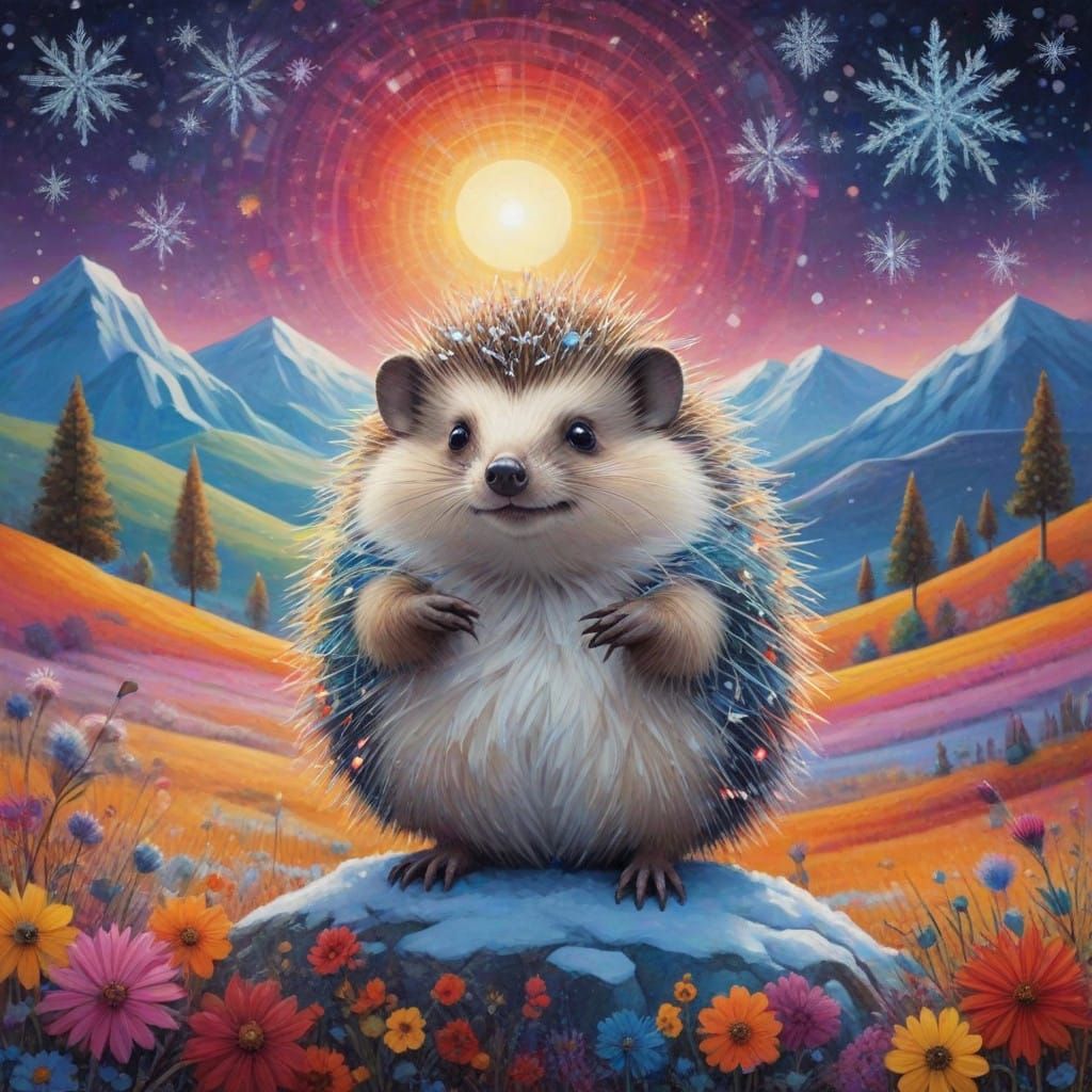 Celestial Hedgehog Toasts Winter in Cosmic Landscape
