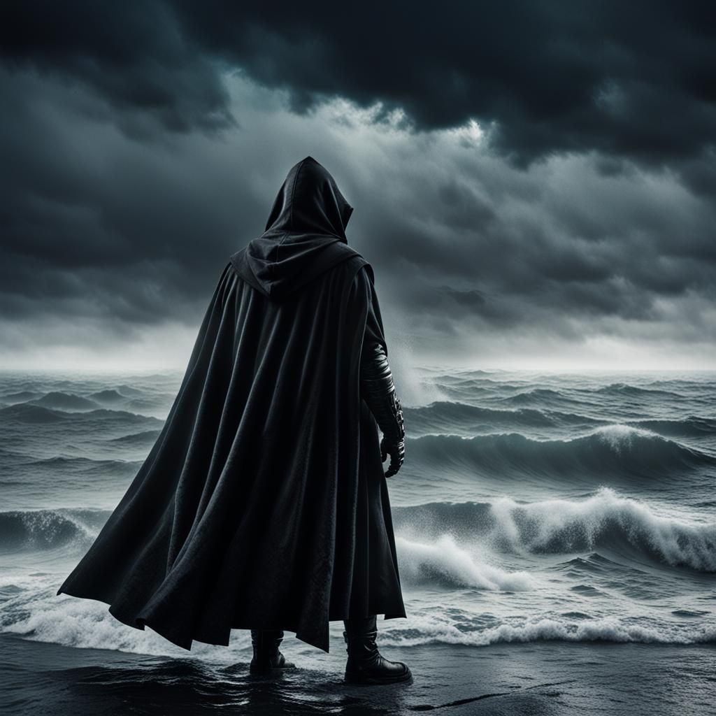 Ominous Figure at Stormy Sea in Cinematic Style