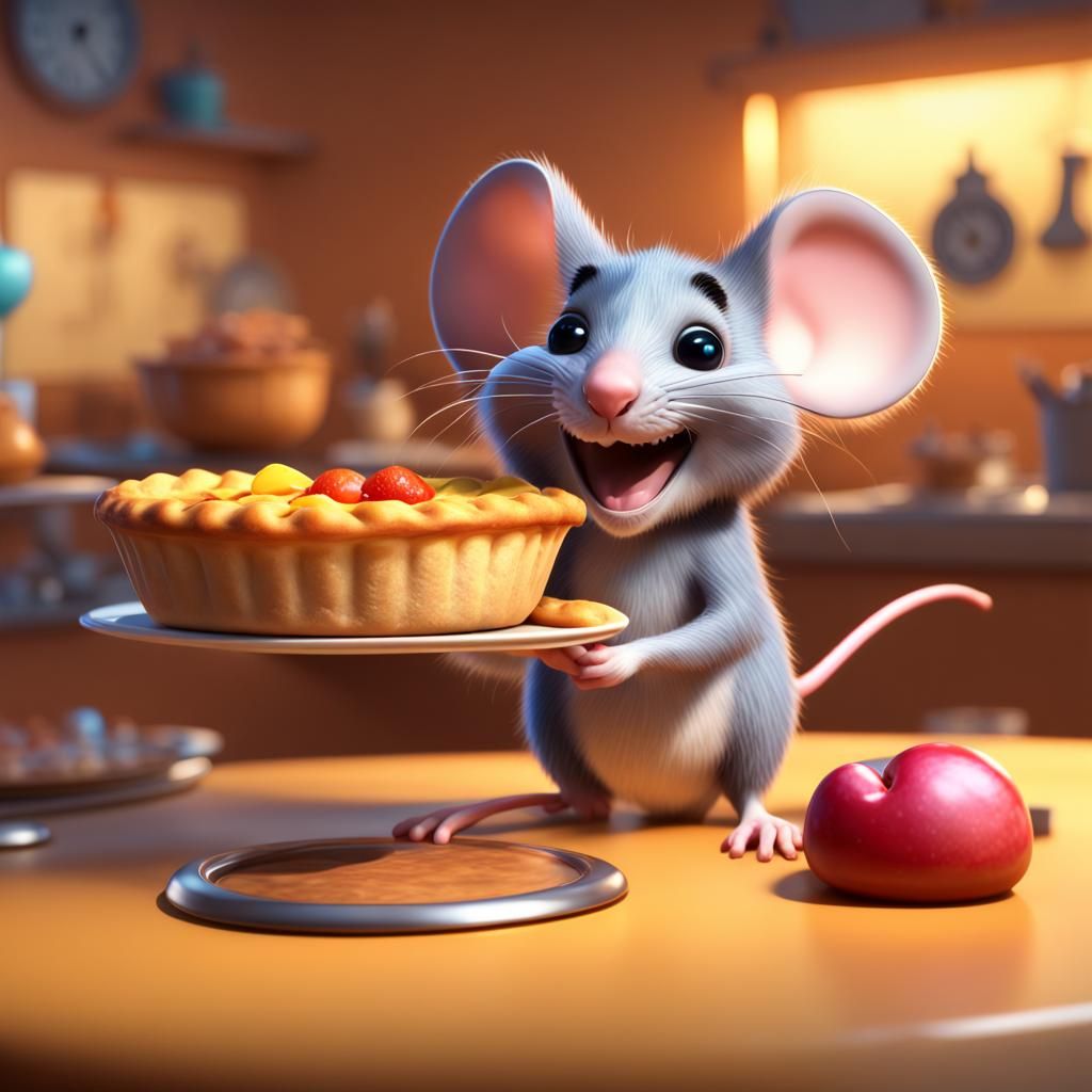 Smiling Mouse with Pie: Pixar-Style 3D Render