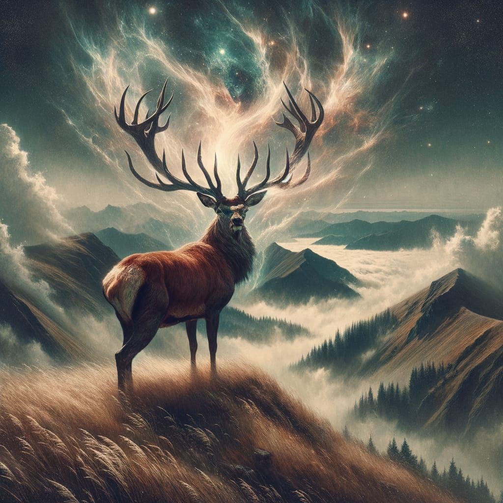 Ethereal Stag on Mountaintop Overlooking Misty Valley