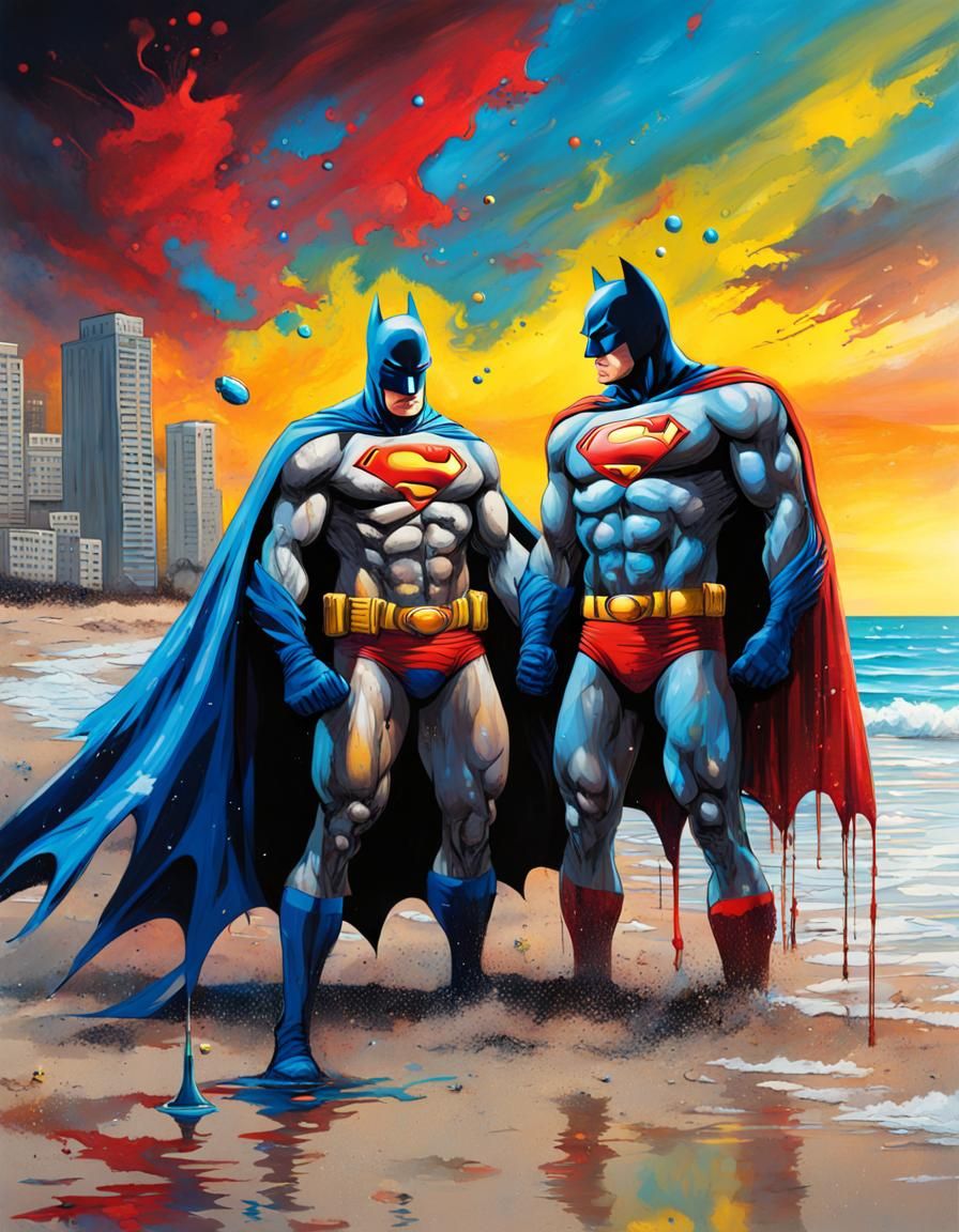Batman and Superman: Graffiti Art Beach Scene