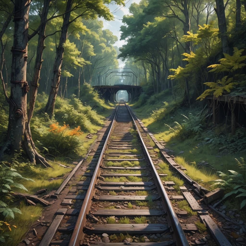 Hyperrealistic Abandoned Railway in Forest Concept Art