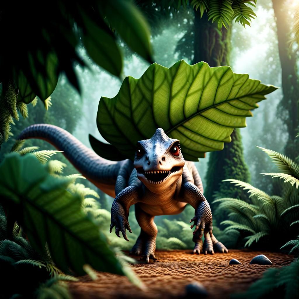 Lush Prehistoric Forest with Shy Dinosaur