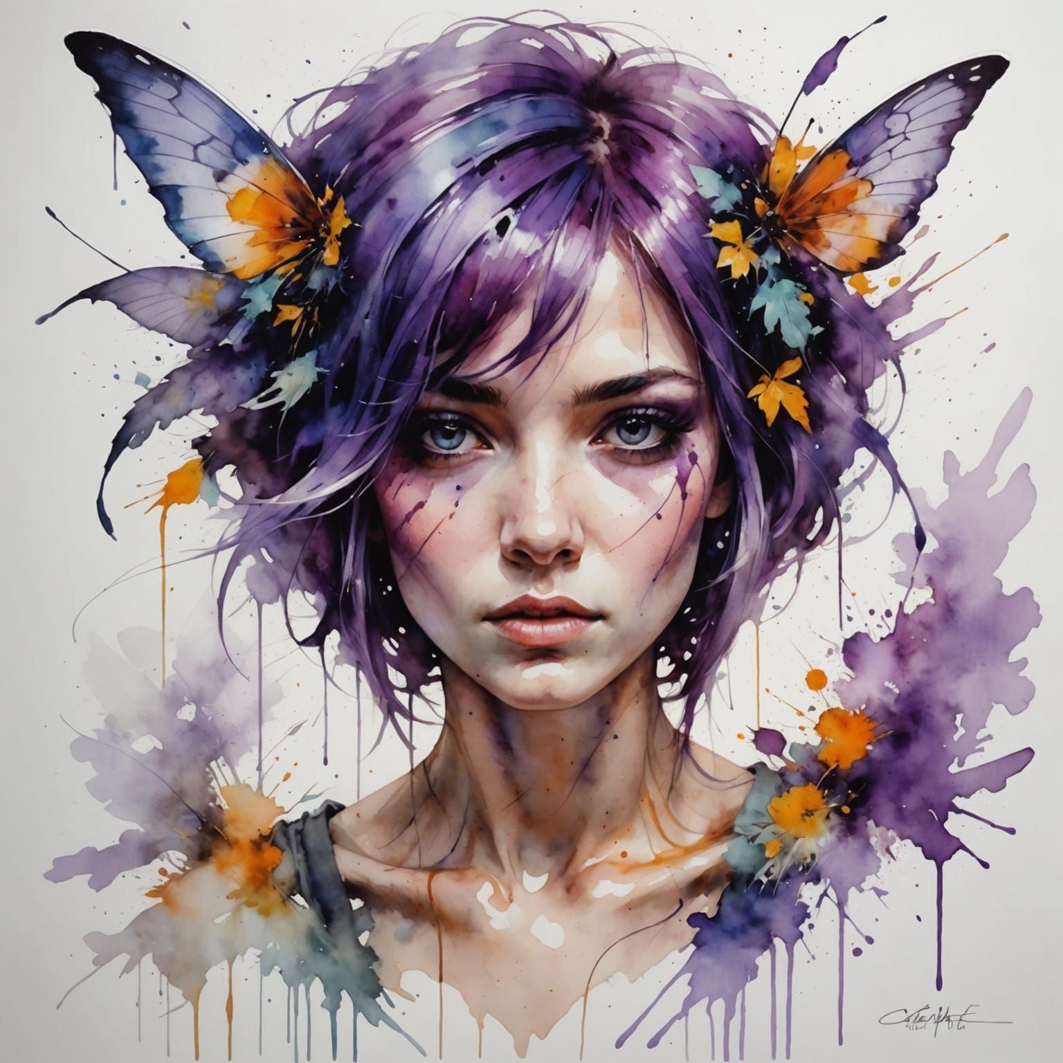 Ethereal Fairy with Purple Bob, Watercolour Oil Fusion