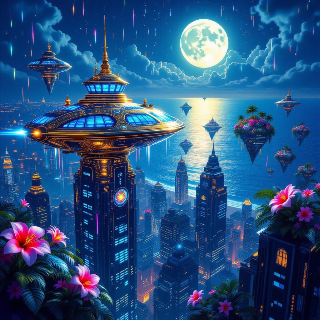 Retro Sci-Fi Cityscape with Spaceship and Moonlit Ocean