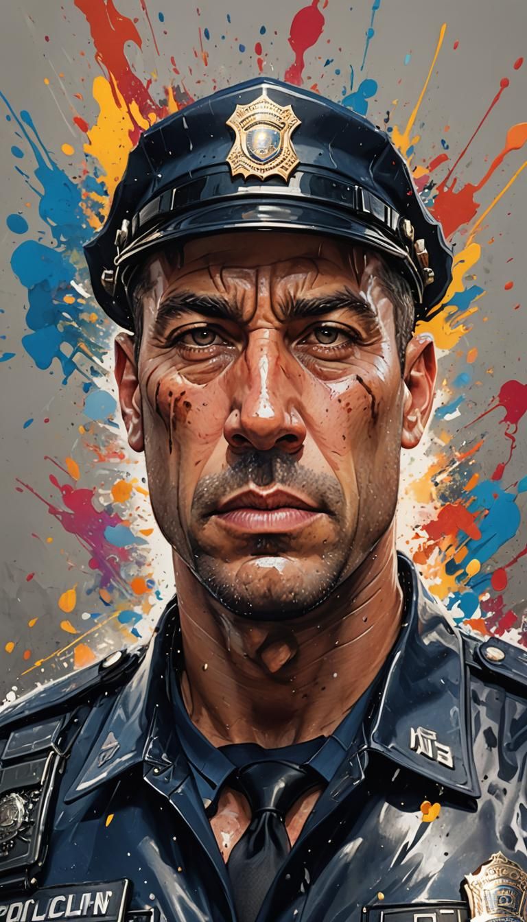Hyperrealistic Muscular Policeman in Splash Art Style