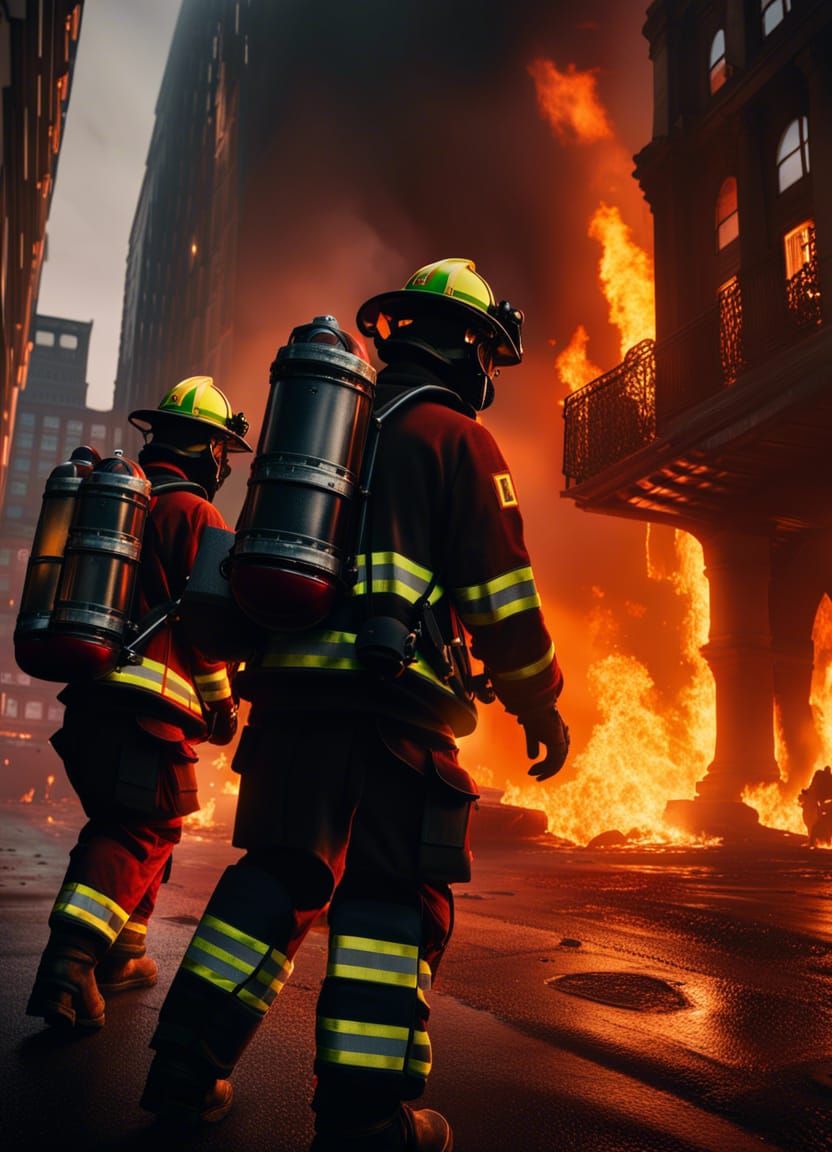 Firefighters, city on fire