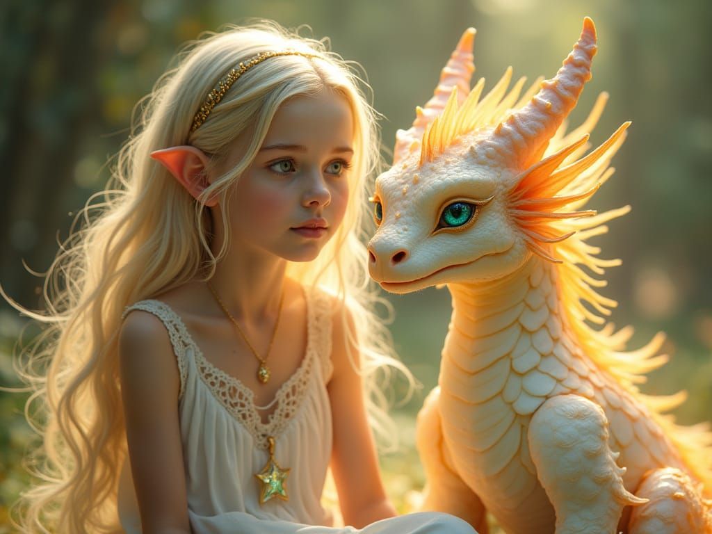 Elf Woman with Dragon in Fantasy Art Style