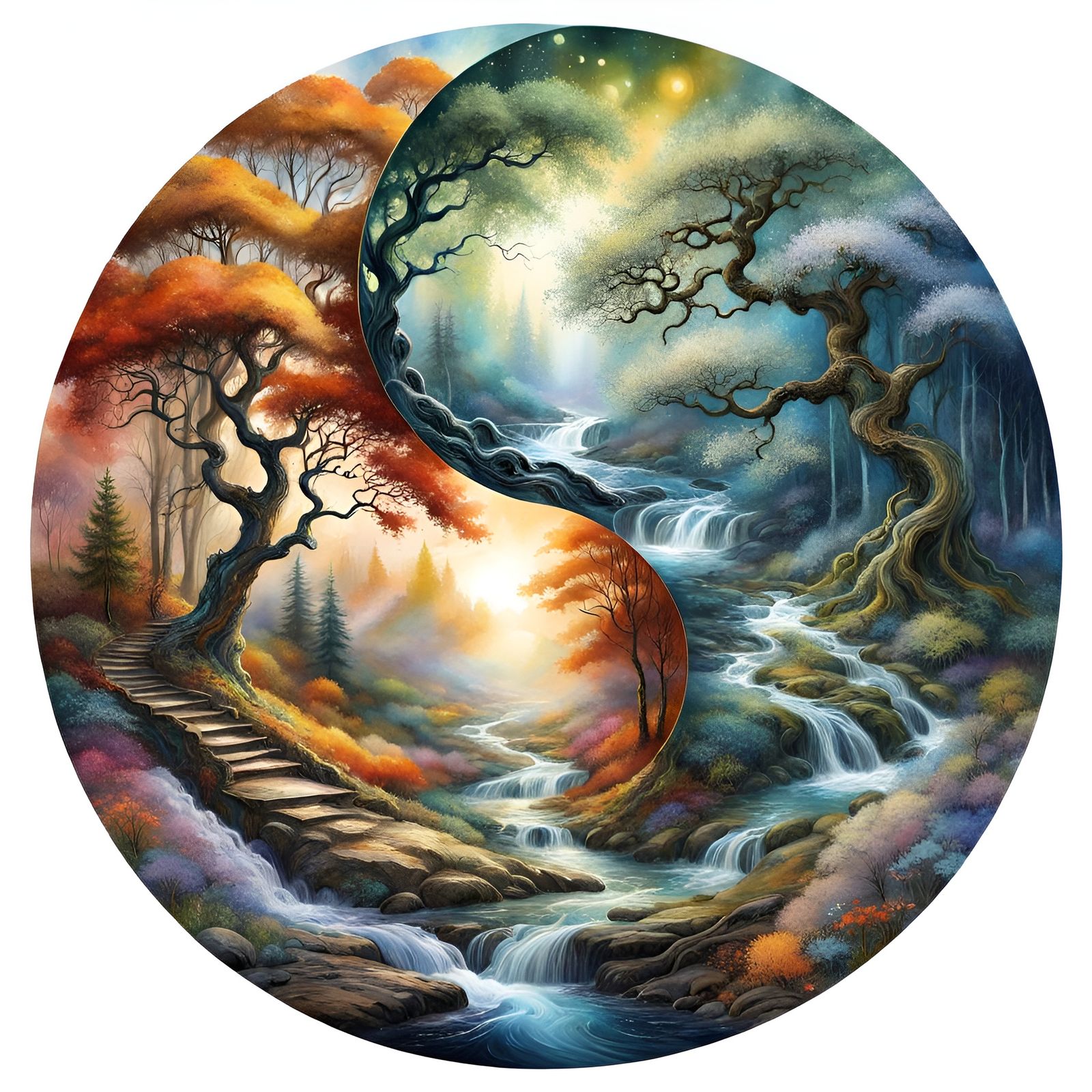 Nature Yin Yang in Watercolor Style