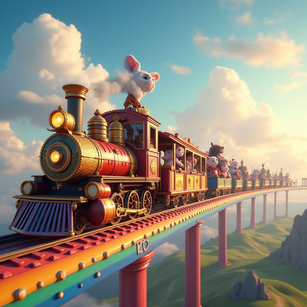 Whimsical Circus Train Chugs Along Rainbow Tracks in a Brigh...