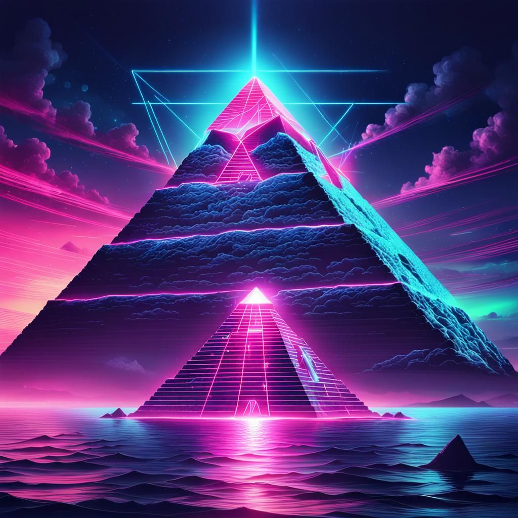 Synthwave Pyramid Emitting Lasers Over the Ocean