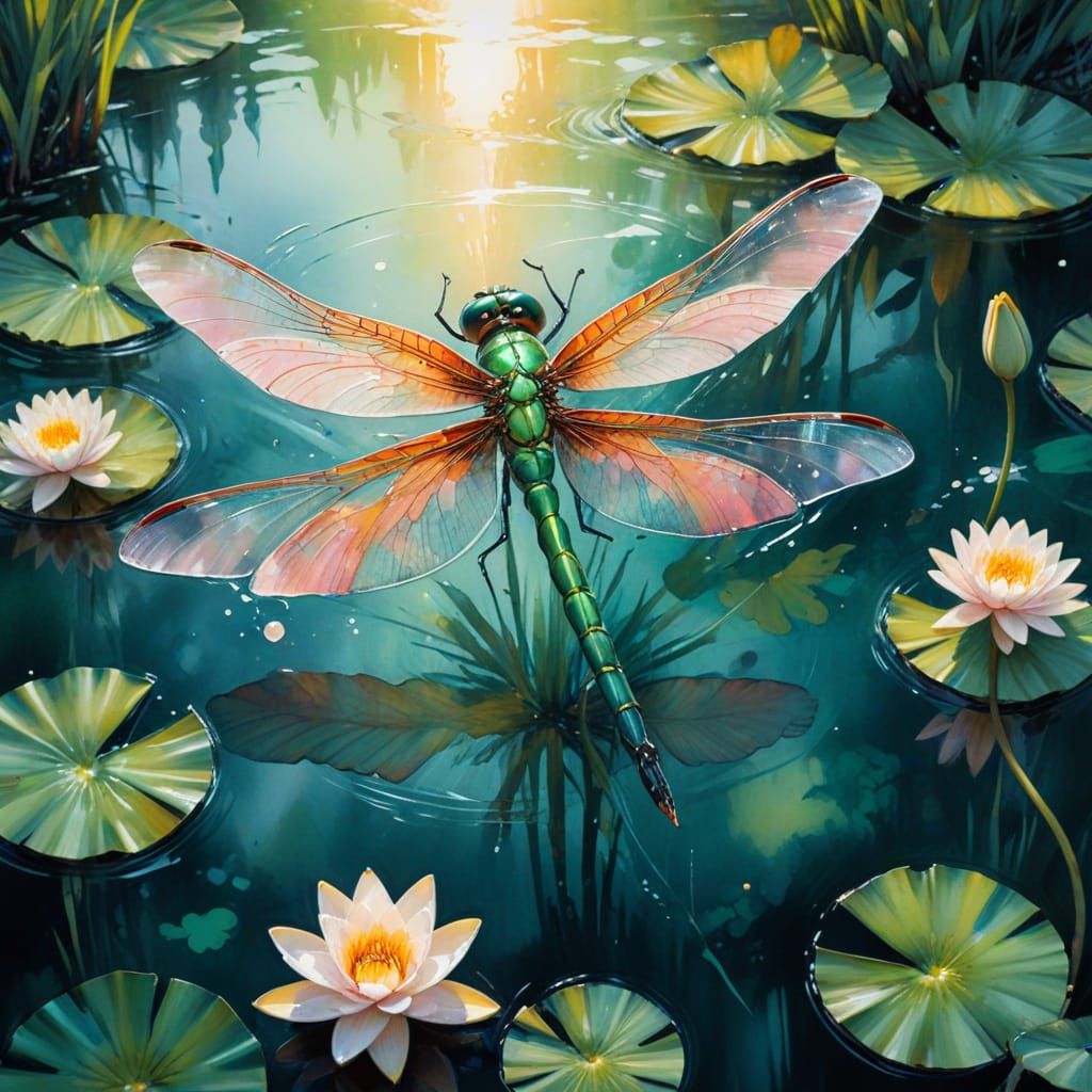 Emerald Dragonfly Above Serene Lily Pond at Sunset