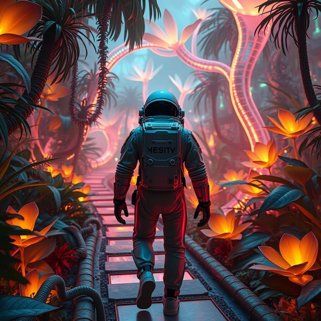 Astronaut Exploring Neon-Lit Alien Botanical Garden in Futur...