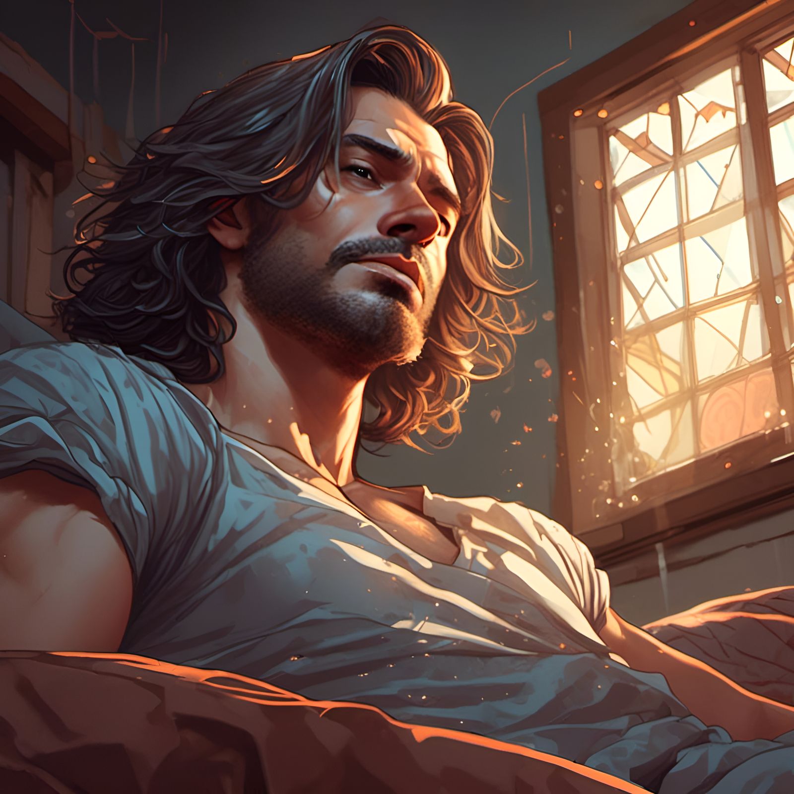Handsome Man Relaxing in Sunlight, Comic Book Style