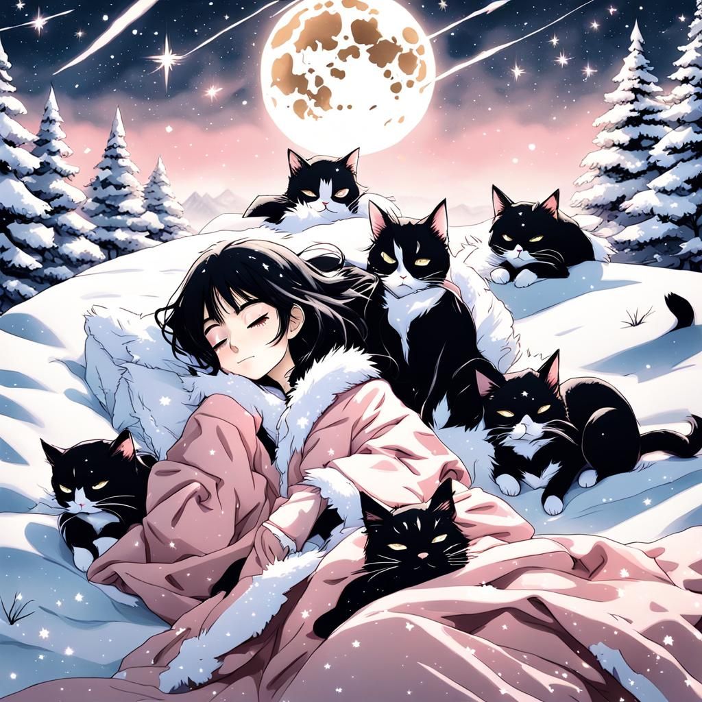 Girl Sleeping with Cats, Miyazaki Anime Style