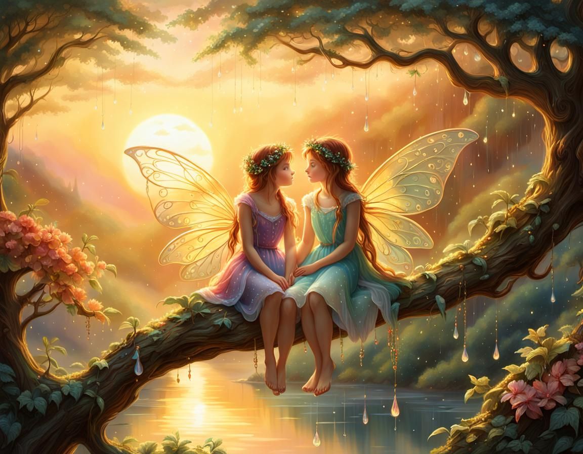Fairies Overlooking Sunset Landscape in Enchanted Realism