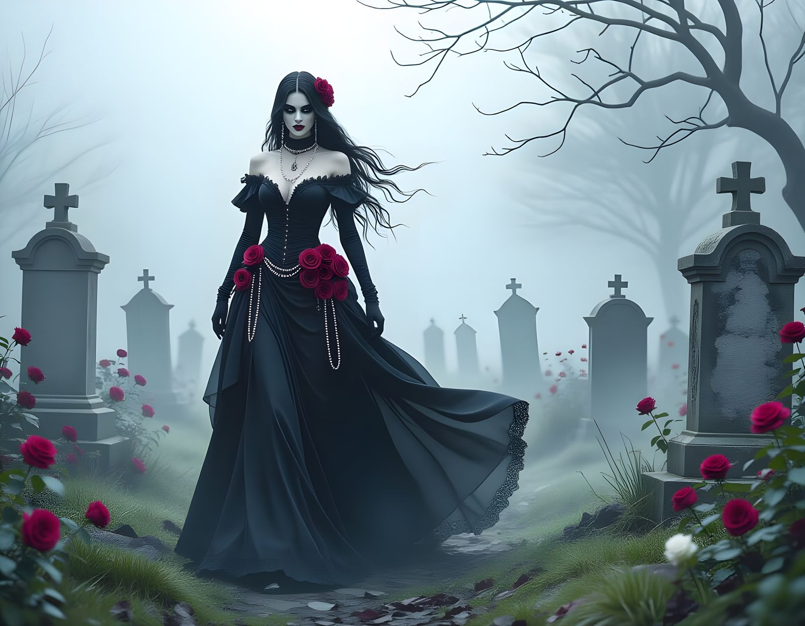 Ethereal Gothic Goddess of Death in Graveyard