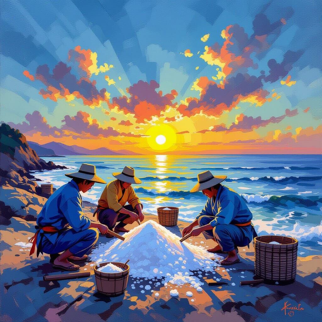Japanese Salt Harvesters on Rugged Coast in Abstract Style