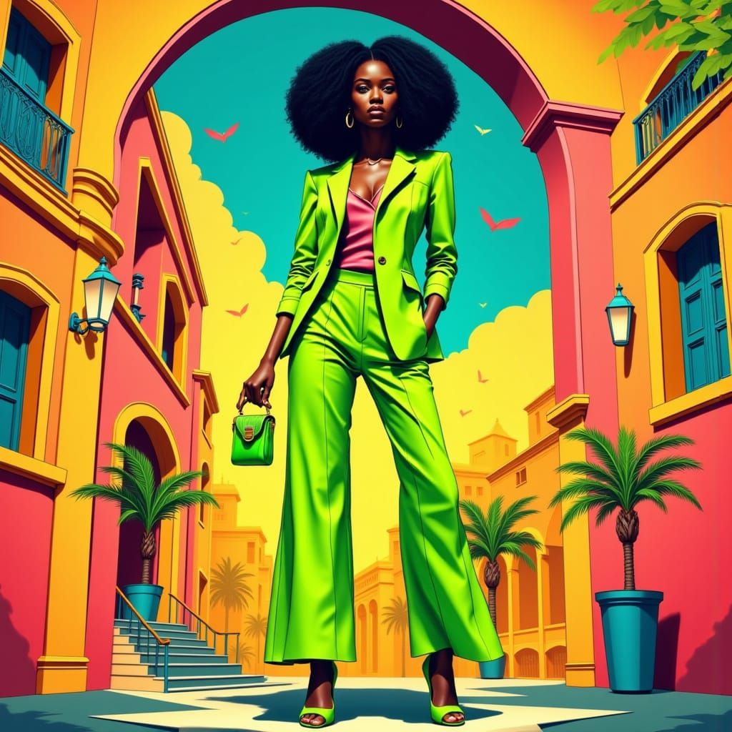 Vibrant Green Goddess in Bold Pop Art Style