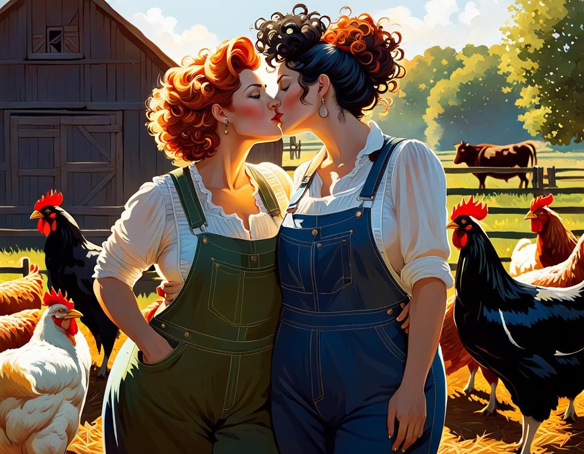 Lesbian Couple Kissing on Farm in Rockwell Style