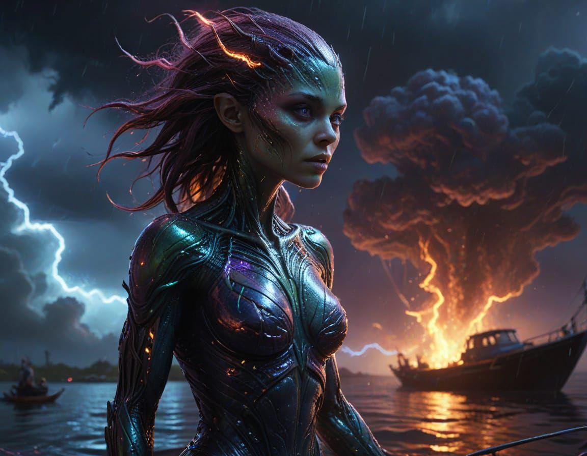 Alien Woman on Boat: Vibrant Sci-Fi Concept Art