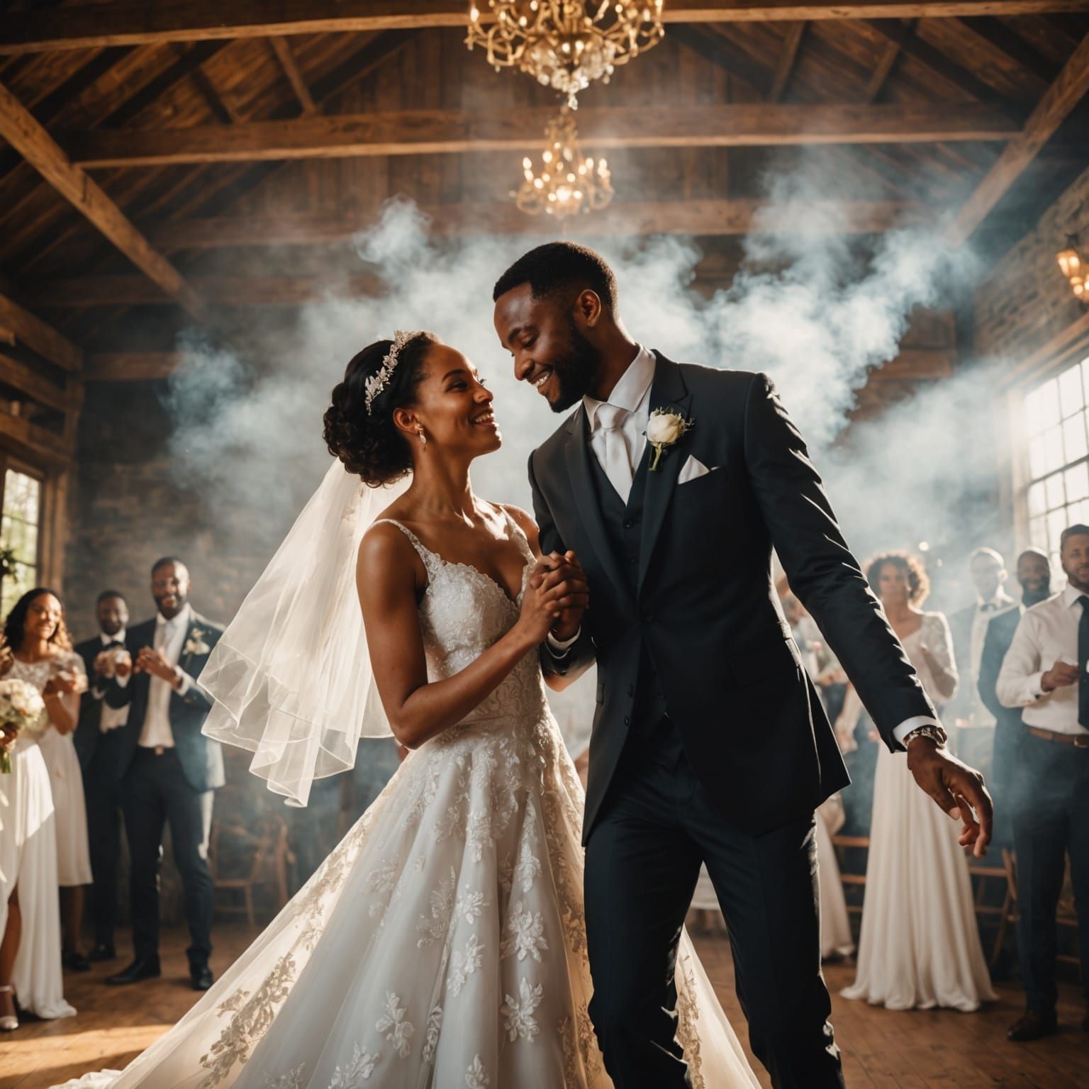 Groom and Groom Dancing in a Smoky Wedding Celebration