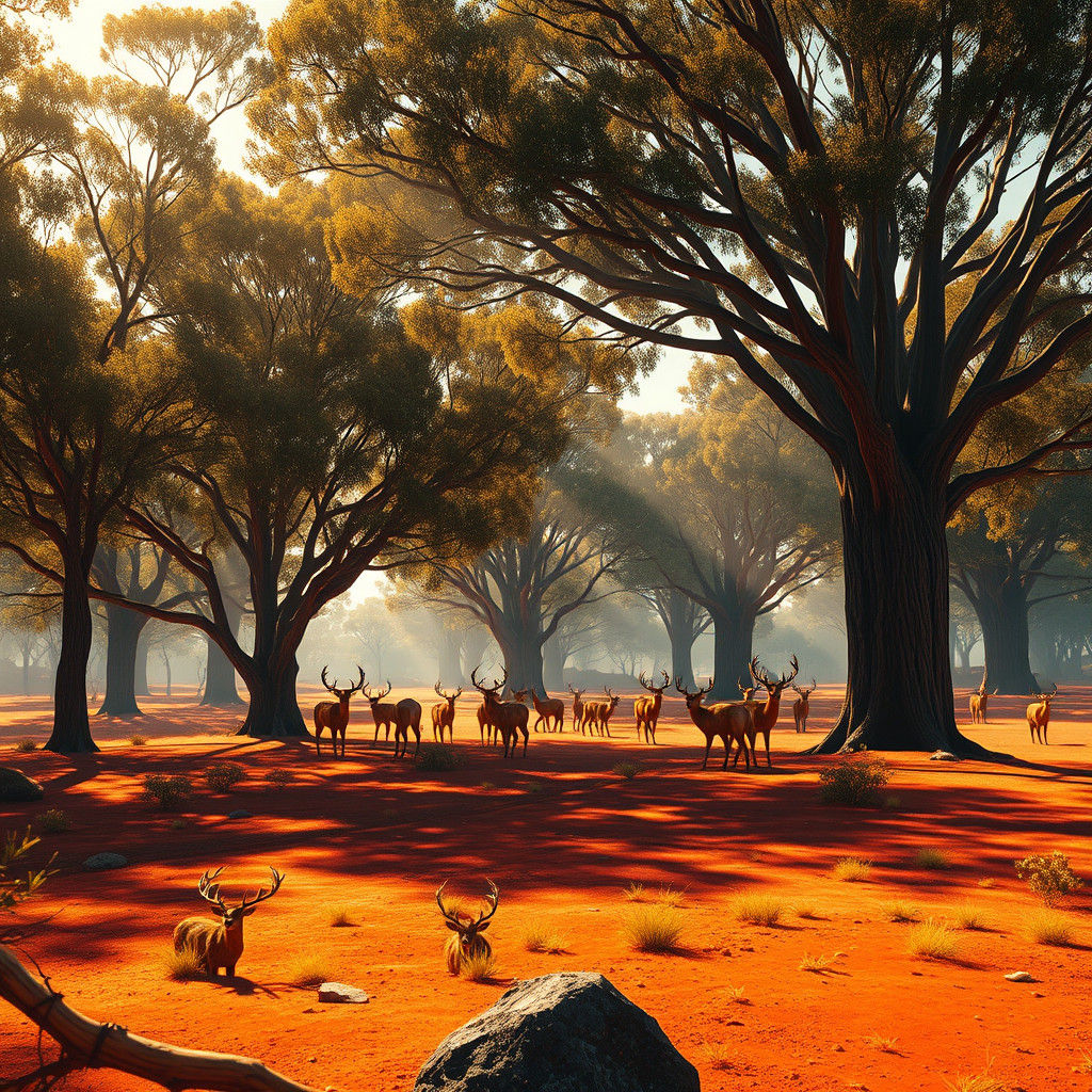 Australian Landscape with Red Deer, Detailed Matte Painting