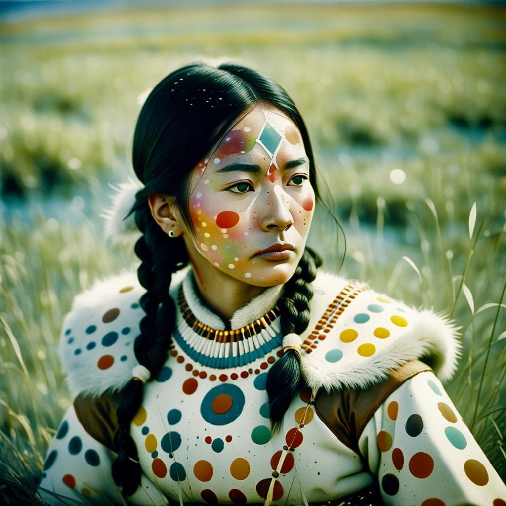 Inuit Warrior Girl Portrait in Vintage Style