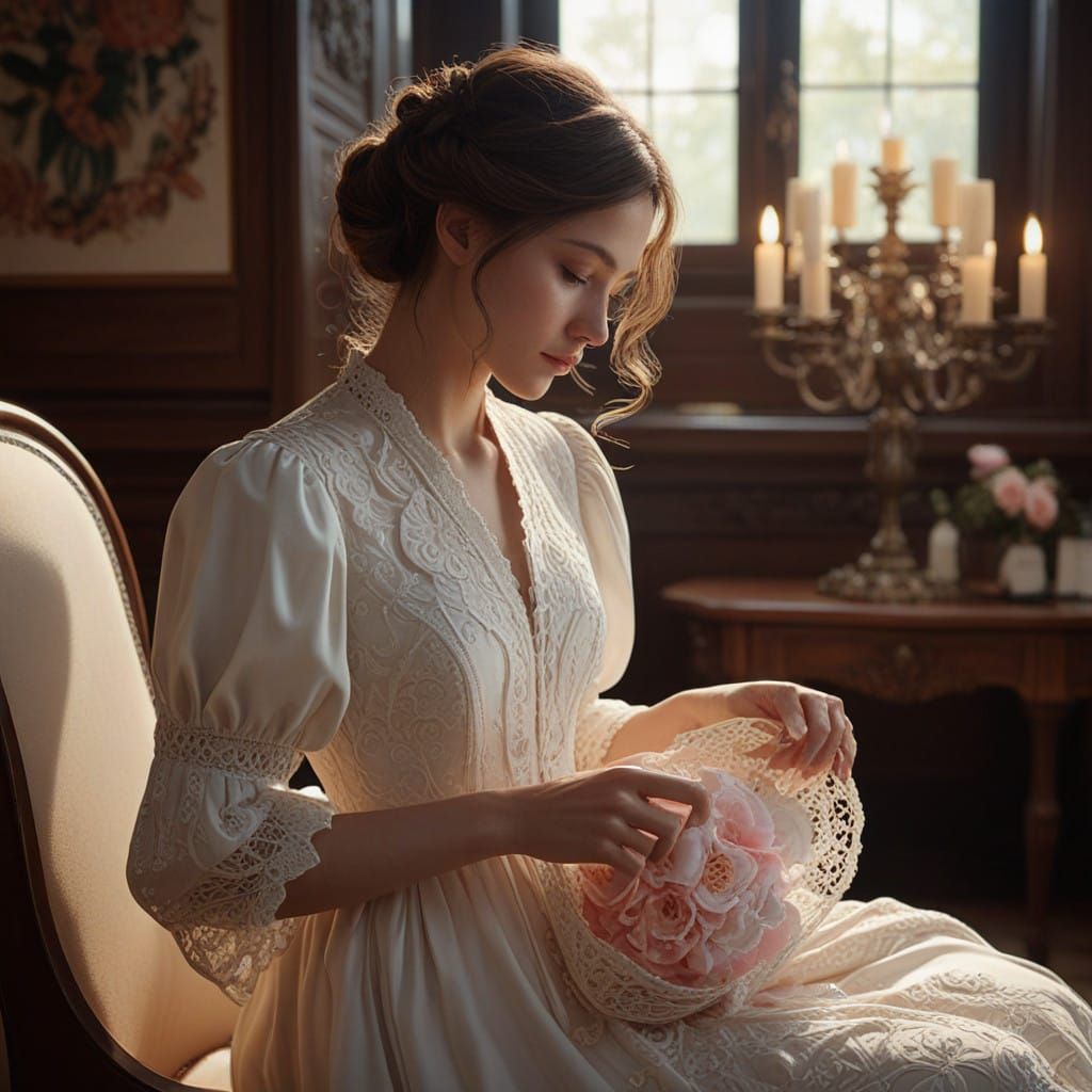 Cherubic Baby Surrounded by Elegant Lacy Carriage in Warm Gl...