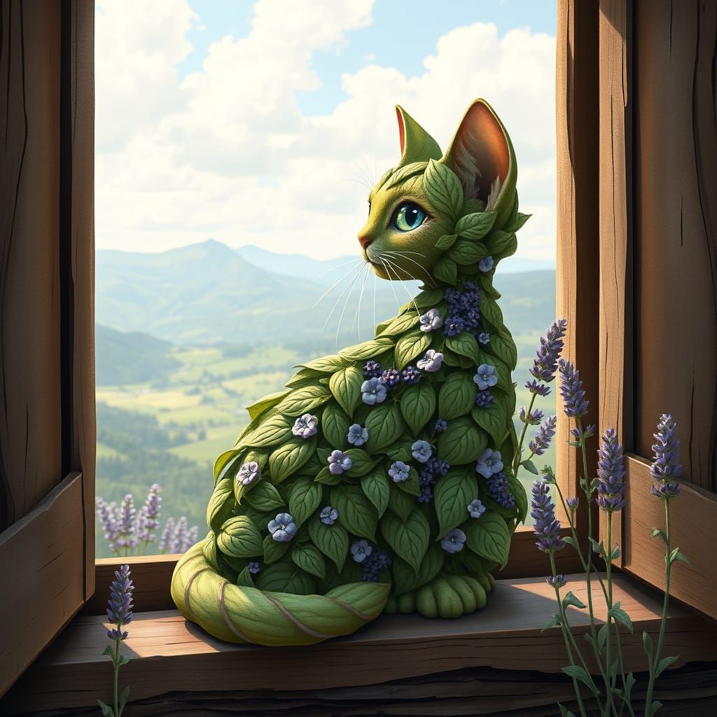 Catnip Cat in Window with Organic Lines