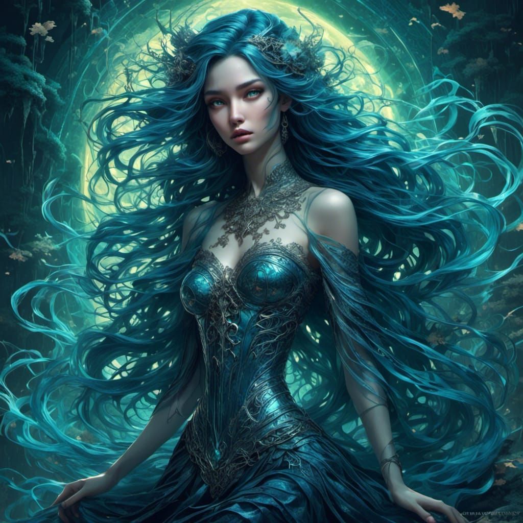 Ornate Witch in Iridescent Gown: Impressionist Masterpiece