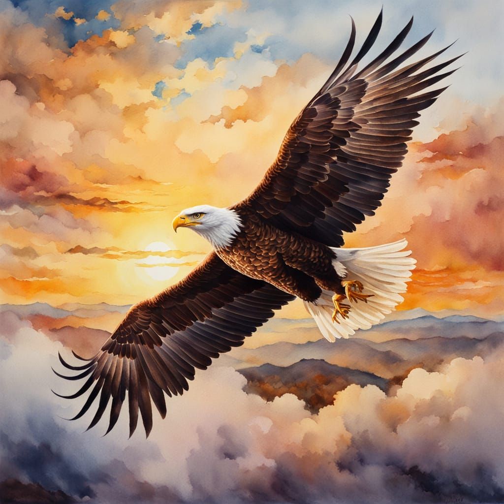 Eagle Soars Across Serene Skies in Whimsical Watercolour Sty...