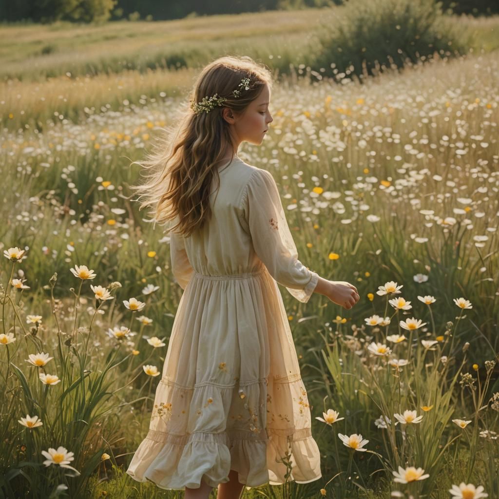 Girl Smelling Flower in Meadow, Impressionist Style