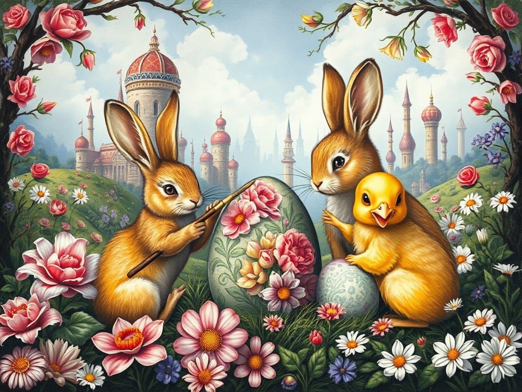 Easter Bunnies Painting Eggs in Renaissance Style