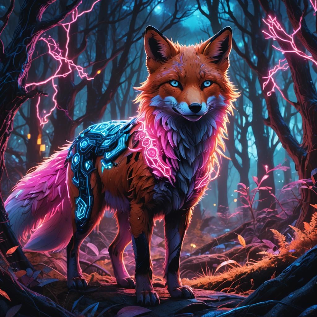 Cyber Fox in Neon Forest, Fantasy Art