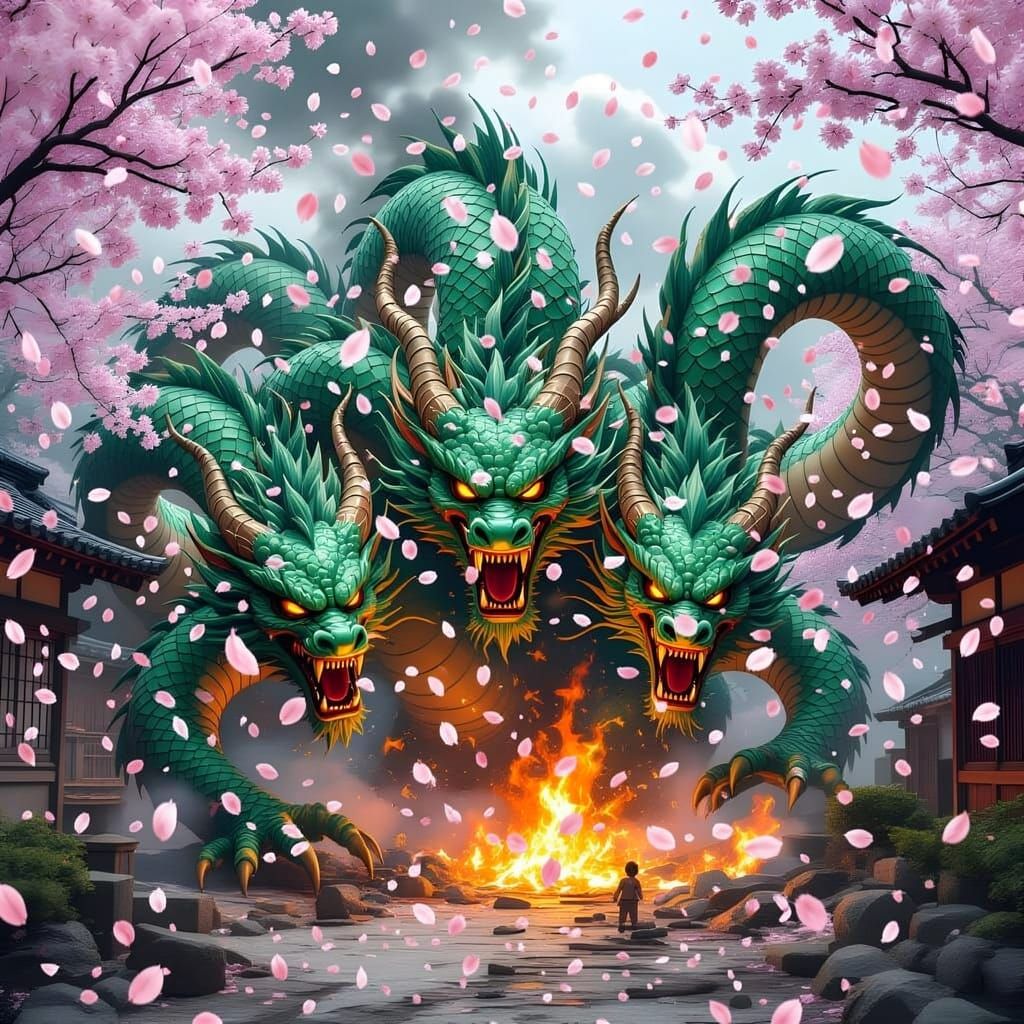 Destructive Hydra Dragon in Burning Cherry Blossom City