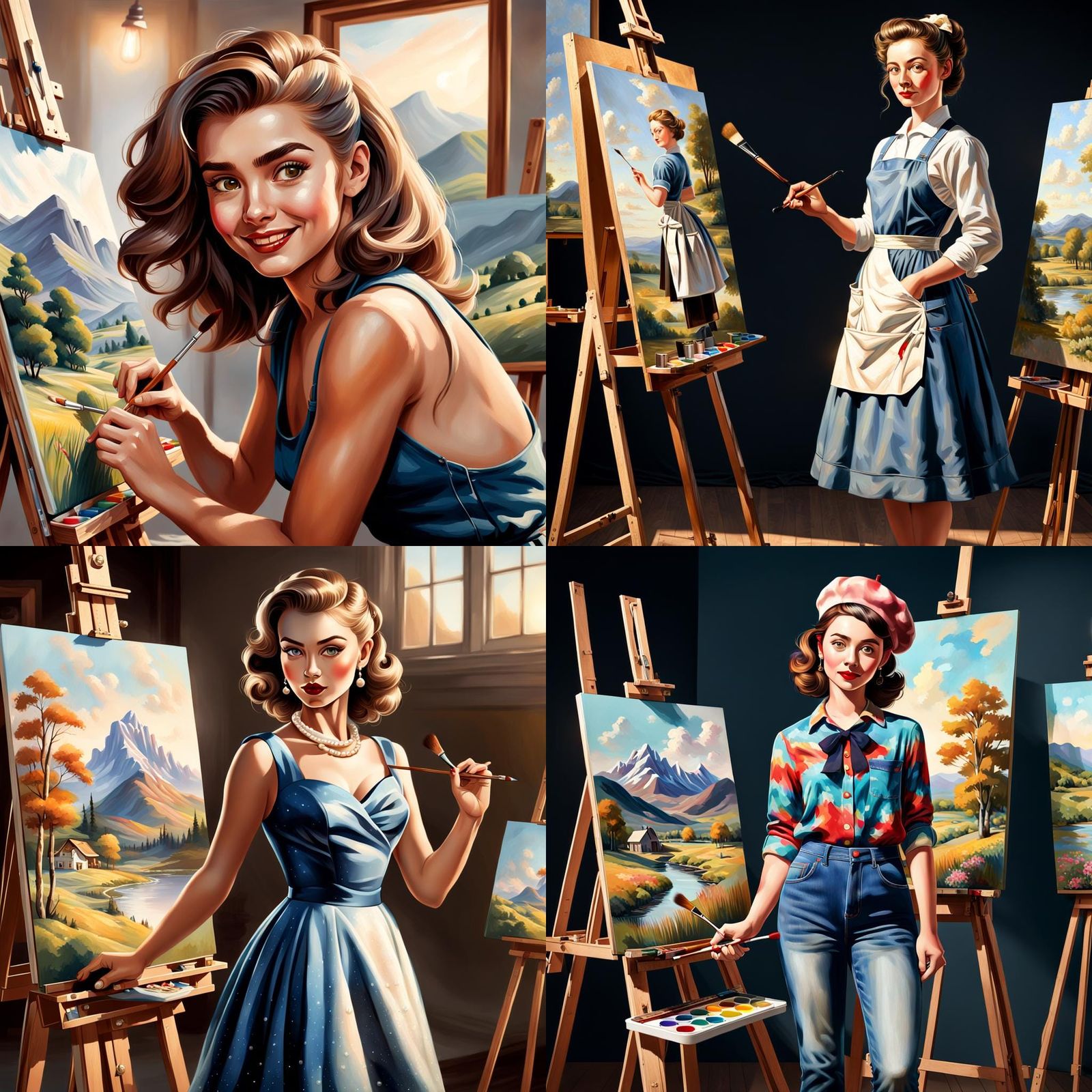 Female Artist Painting a Landscape in Pin-Up Style