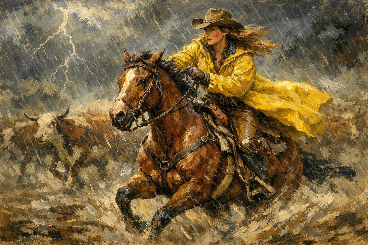 Cowgirl Rides Through Stampede in Thunderstorm Oil Painting