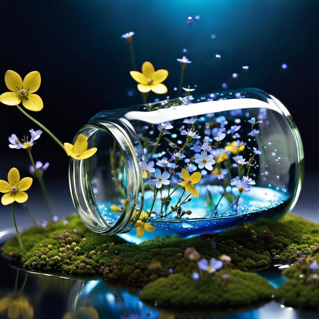 Wildflowers and Iridescent Water Flowing from Jar