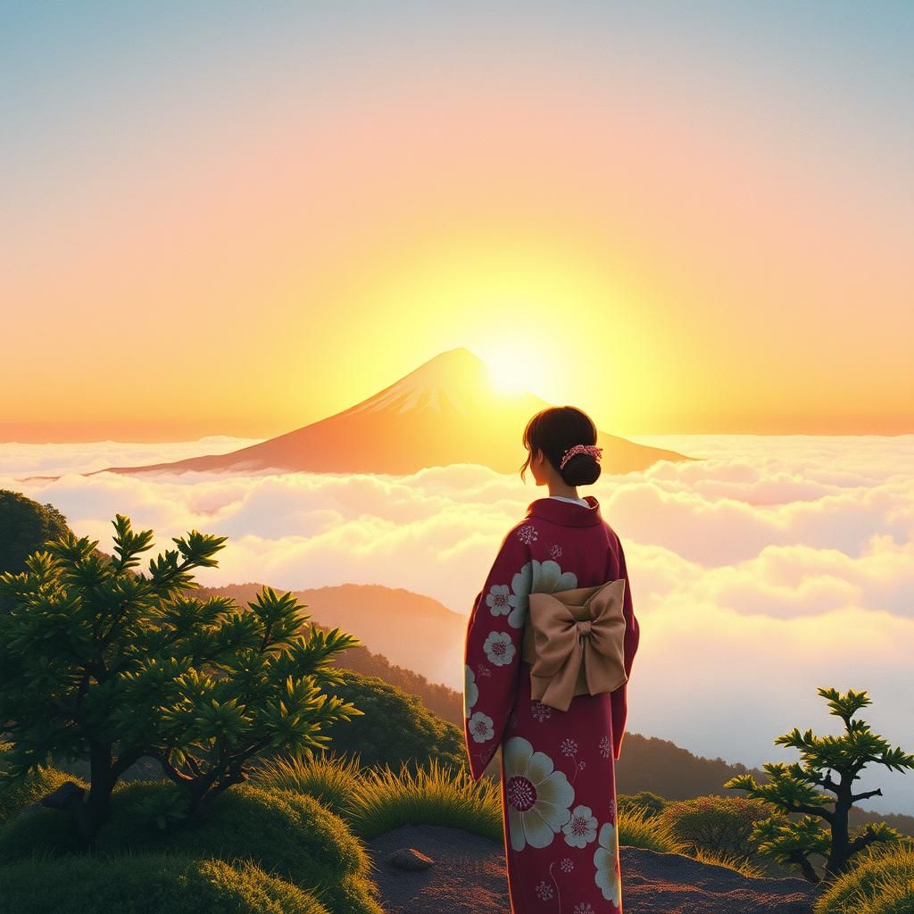 Japanese Woman at Mt Fuji Sunrise in Ukiyo-e Style