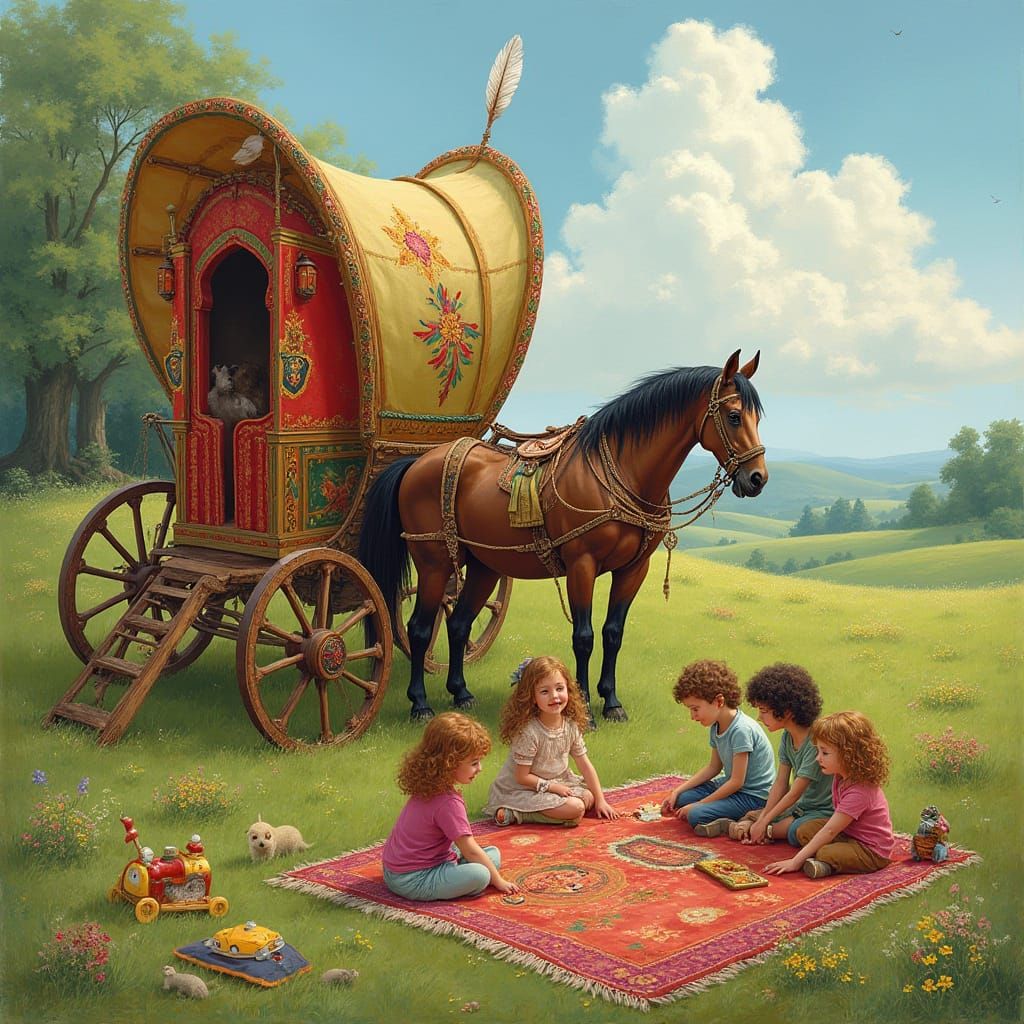 Whimsical Gypsy Caravan Scene in a Lush Field