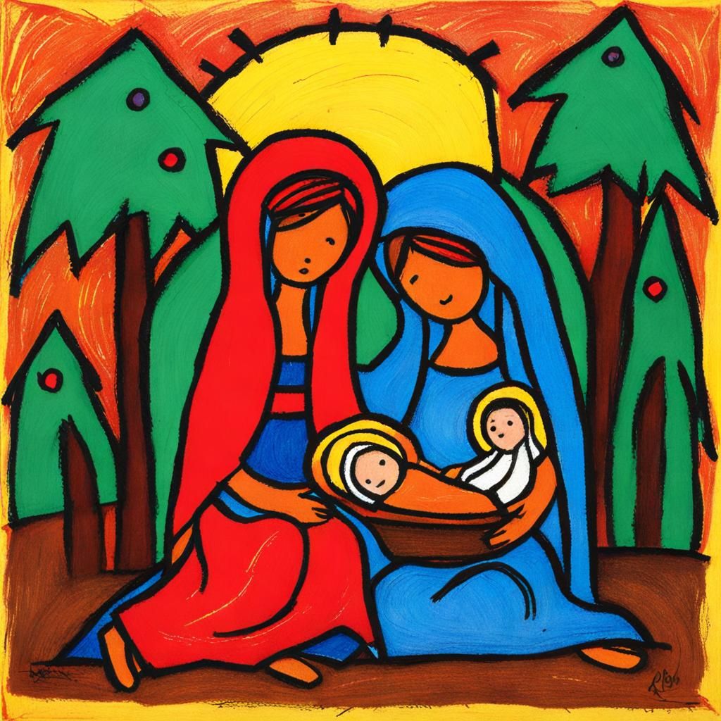 Whimsical Nativity Scene in Naive Art Style