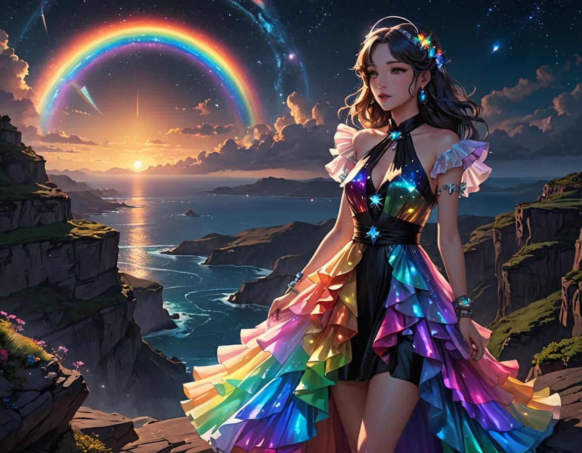 Galaxy Stargate View with Rainbow Dress in Anime Art