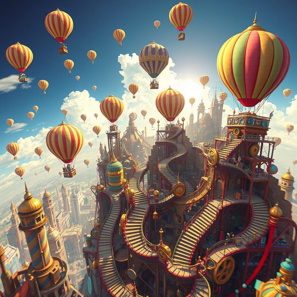 Steampunk Sky City with Escher Staircases and Hot Air Balloo...