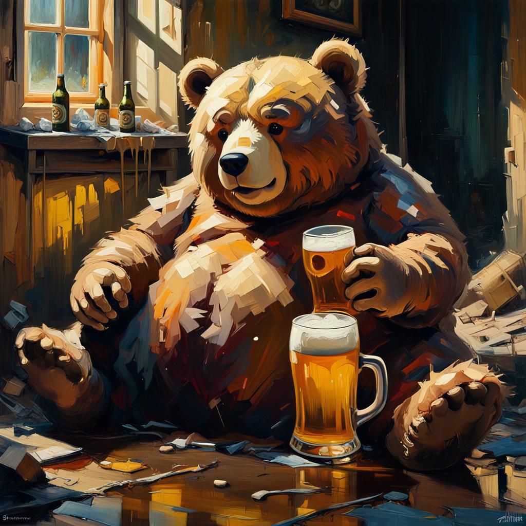Obese Teddy Bear Drinks Beer: Surreal Oil Painting