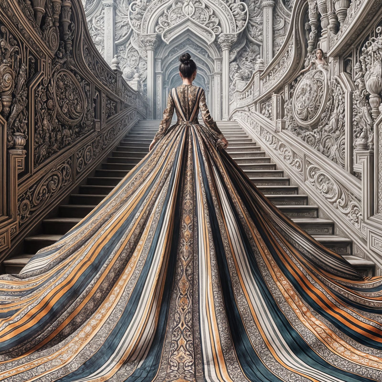 Elegant South Asian Woman Ascends Striped Ball Gown Walkway