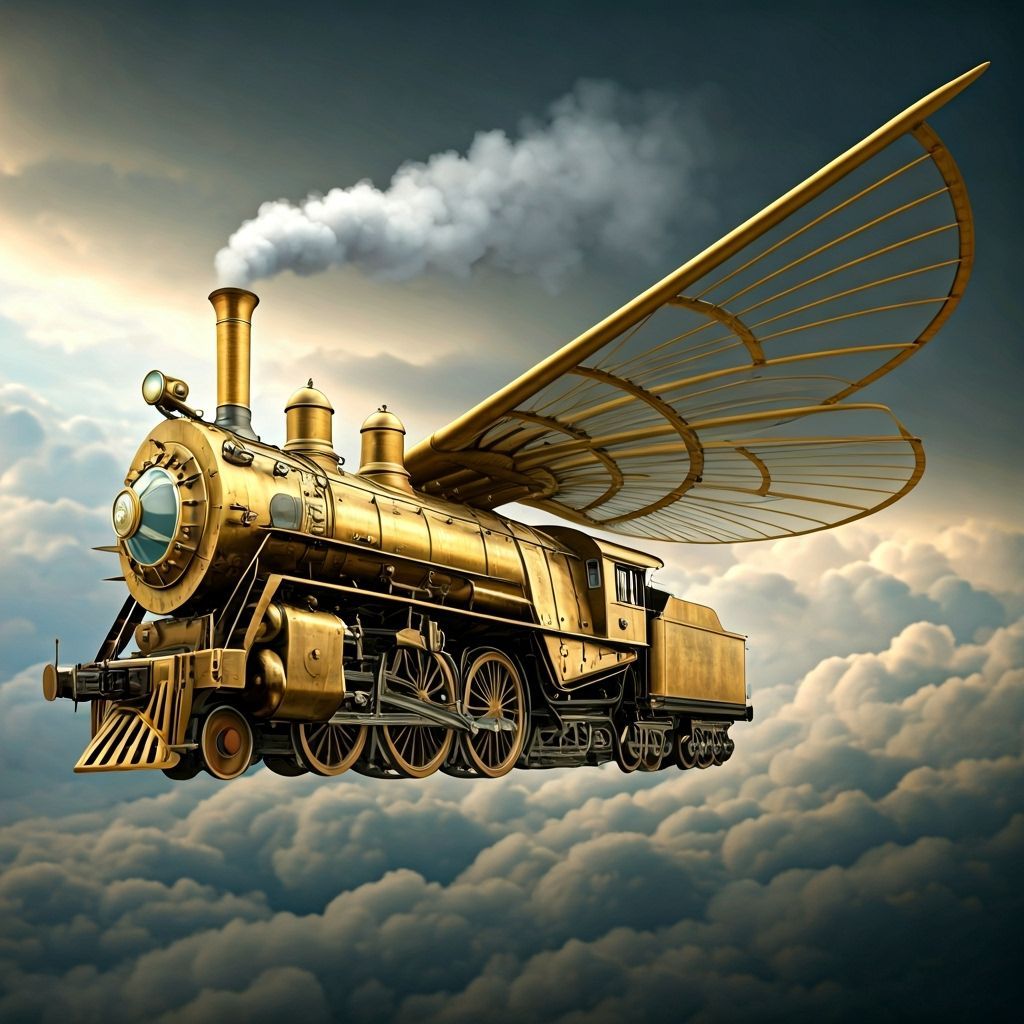 Steampunk Locomotive Soars Through Clouds with Brass and Gla...