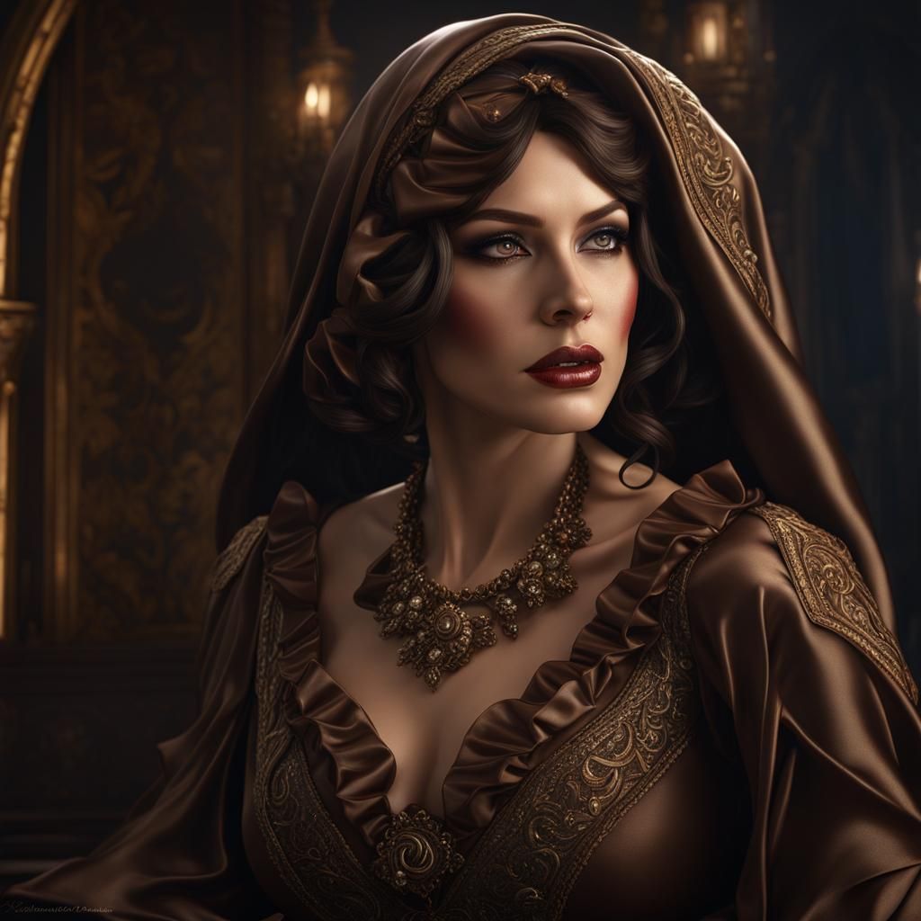 Statuesque Lady in Brown Satin: Photorealistic Grimdark