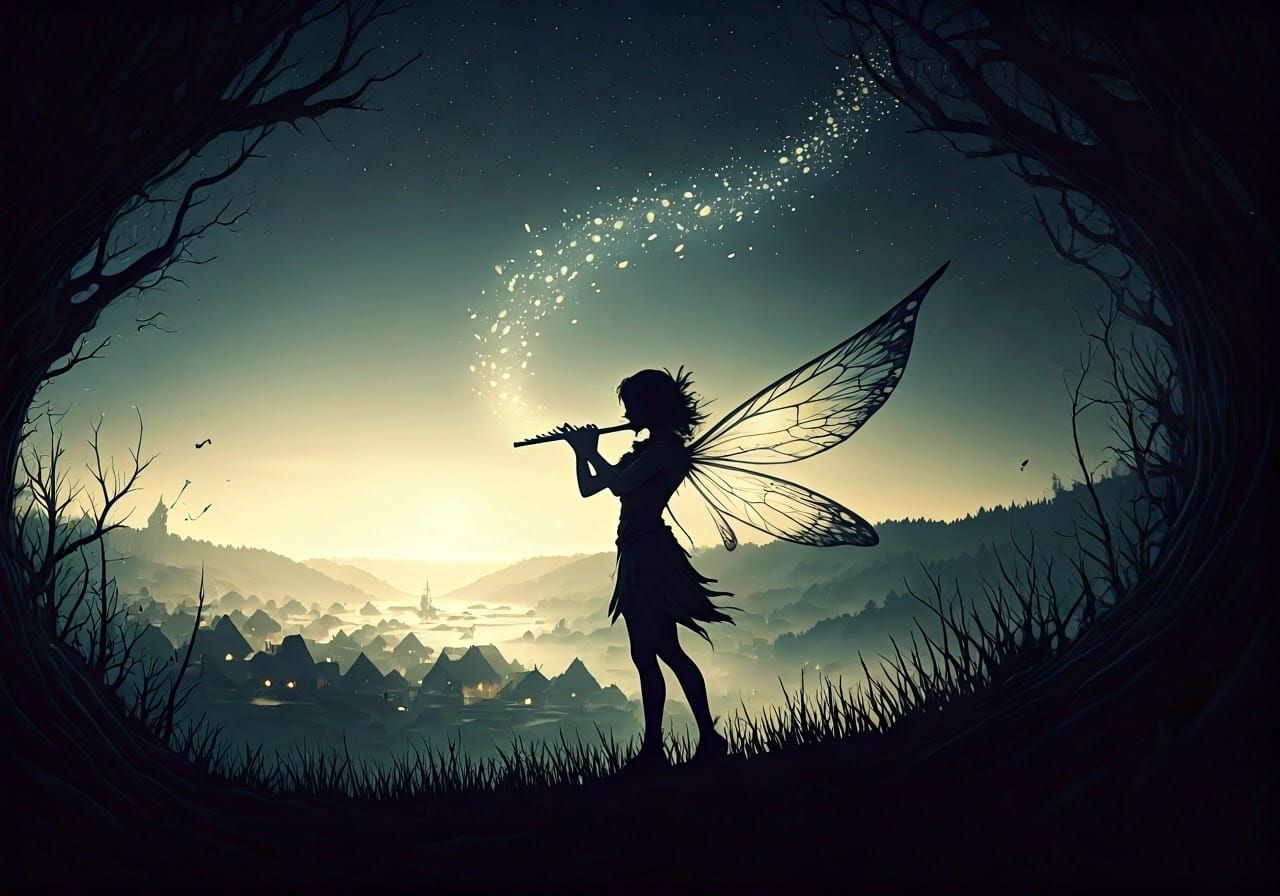 Silhouette of Fairy Playing Flute with Floating Notes