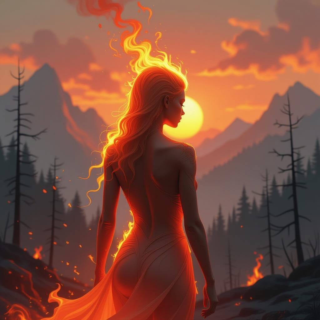 Flaming Humanoid in Fantasy Landscape: Matte Painting